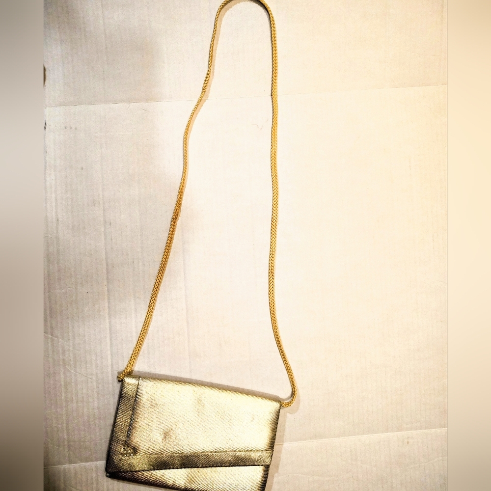 Metallic Gold Purse, Snap Shut And Open Compartment With Pocket, Strap - Picture 3 of 7